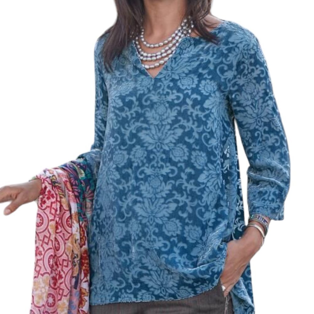 Sundance Regal Blue Velvet Burnout V Neck Silk Blend Top